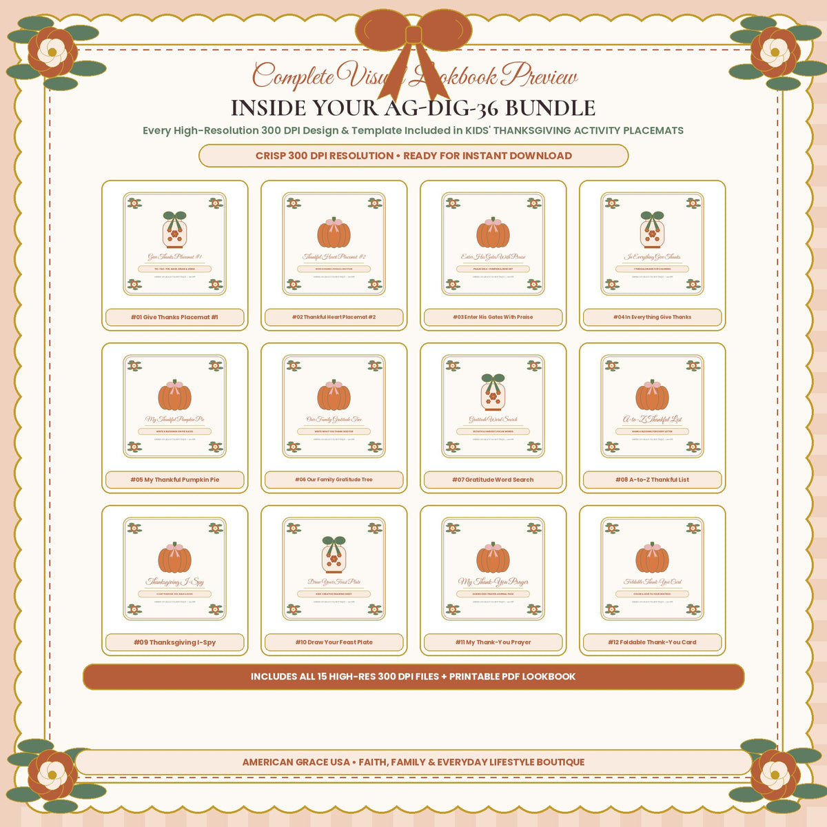 KIDS' THANKSGIVING ACTIVITY PLACEMATS (AG-DIG-36) — Complete 300 DPI Visual Preview Grid of All Included Designs | American Grace USA