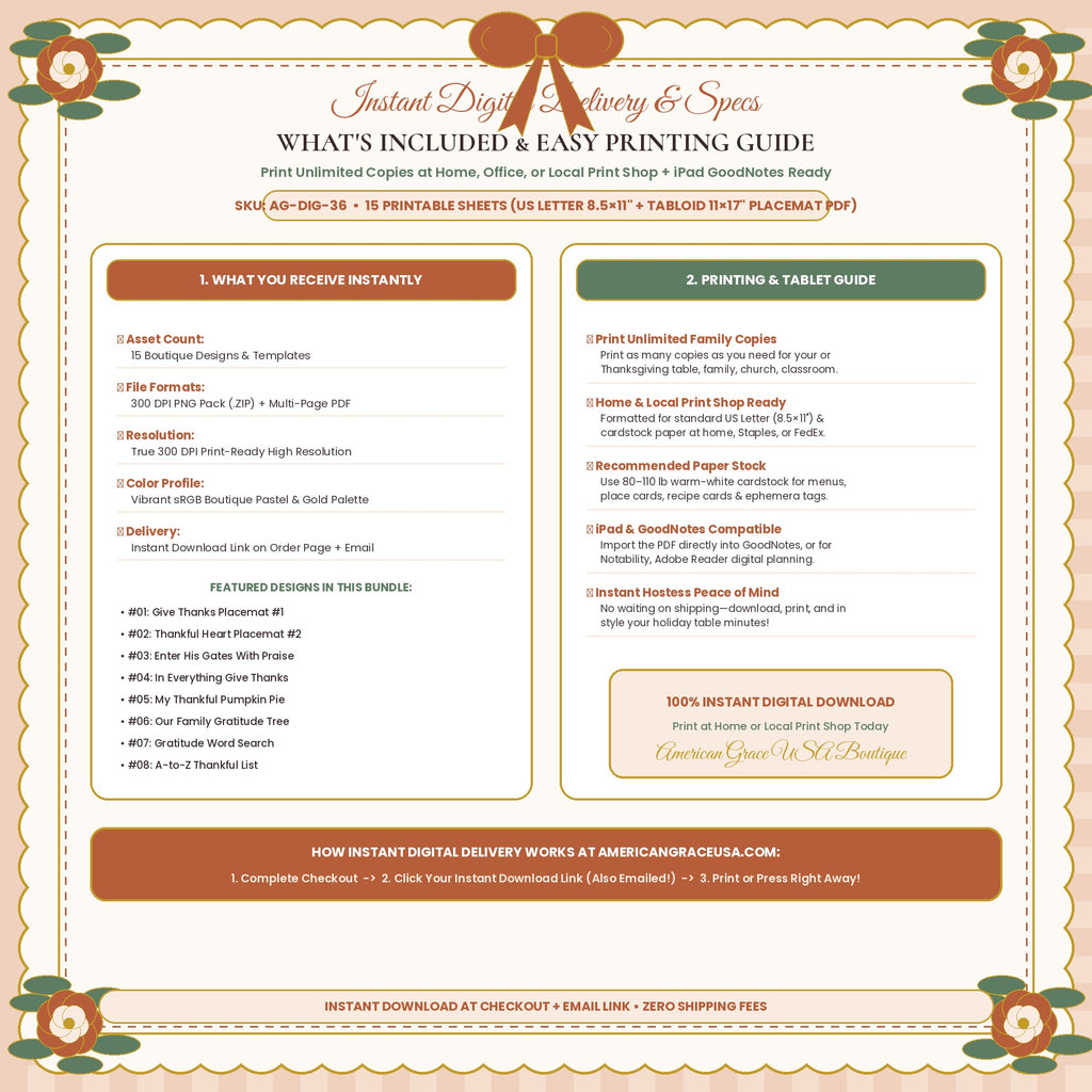 KIDS' THANKSGIVING ACTIVITY PLACEMATS (AG-DIG-36) — What's Included & 500-Unit Commercial License / Printing Spec Guide | American Grace USA
