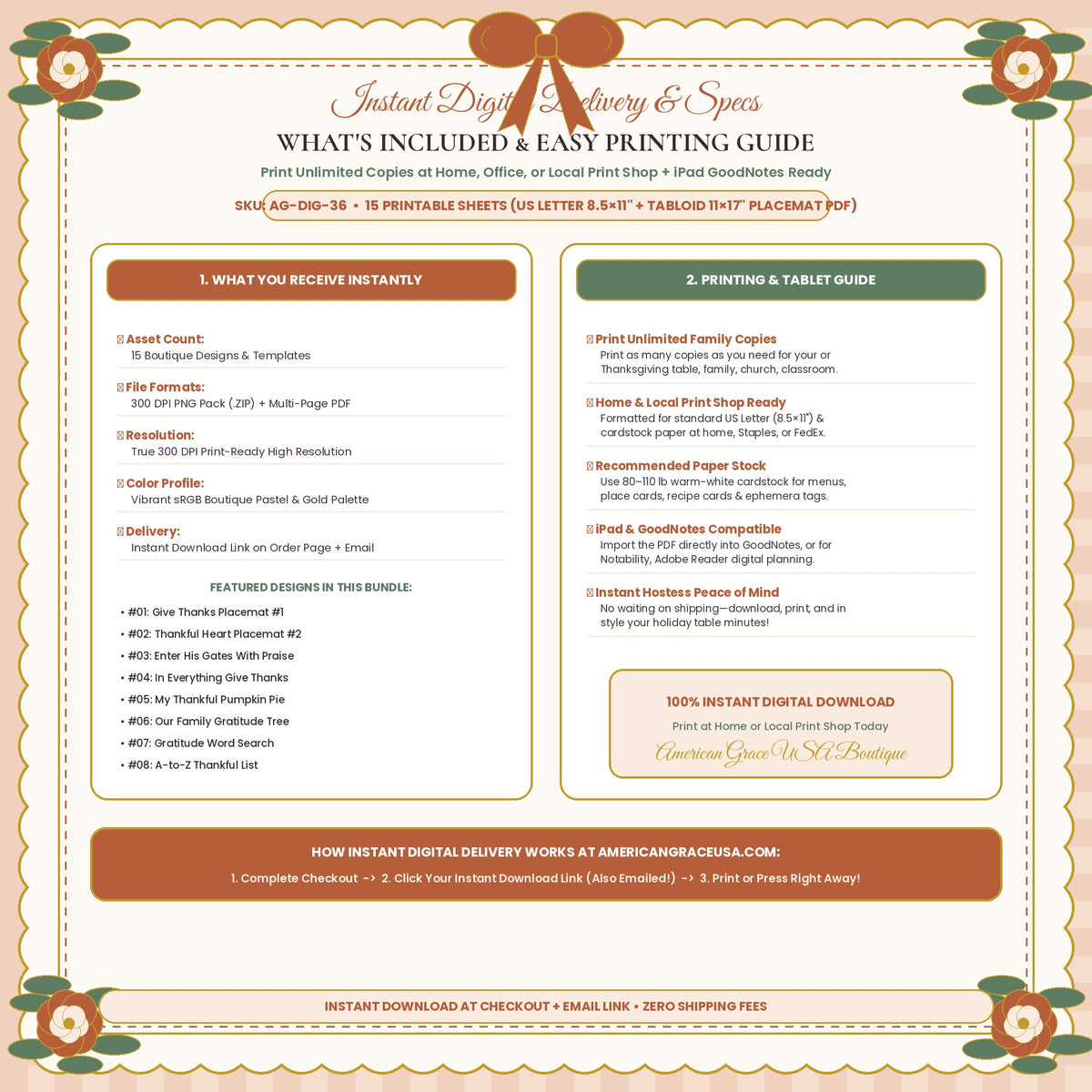 KIDS' THANKSGIVING ACTIVITY PLACEMATS (AG-DIG-36) — What's Included & 500-Unit Commercial License / Printing Spec Guide | American Grace USA