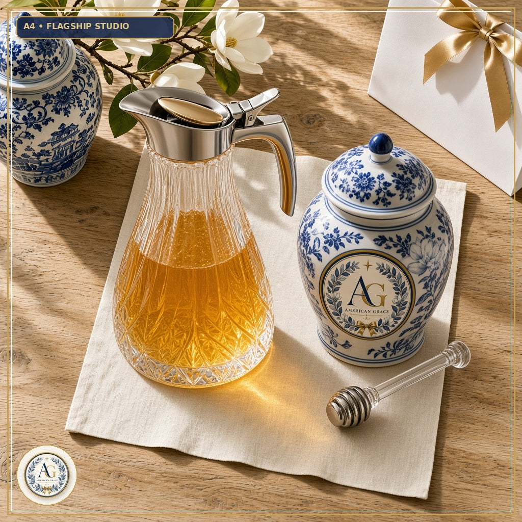 "Magnolia Lane" Faceted Crystal Glass & Brushed Stainless-Steel Honey Pourer + Chinoiserie Porcelain Honey Jar — Flagship Boutique Oak Table Studio