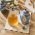 "Magnolia Lane" Faceted Crystal Glass & Brushed Stainless-Steel Honey Pourer + Chinoiserie Porcelain Honey Jar — Flagship Boutique Oak Table Studio