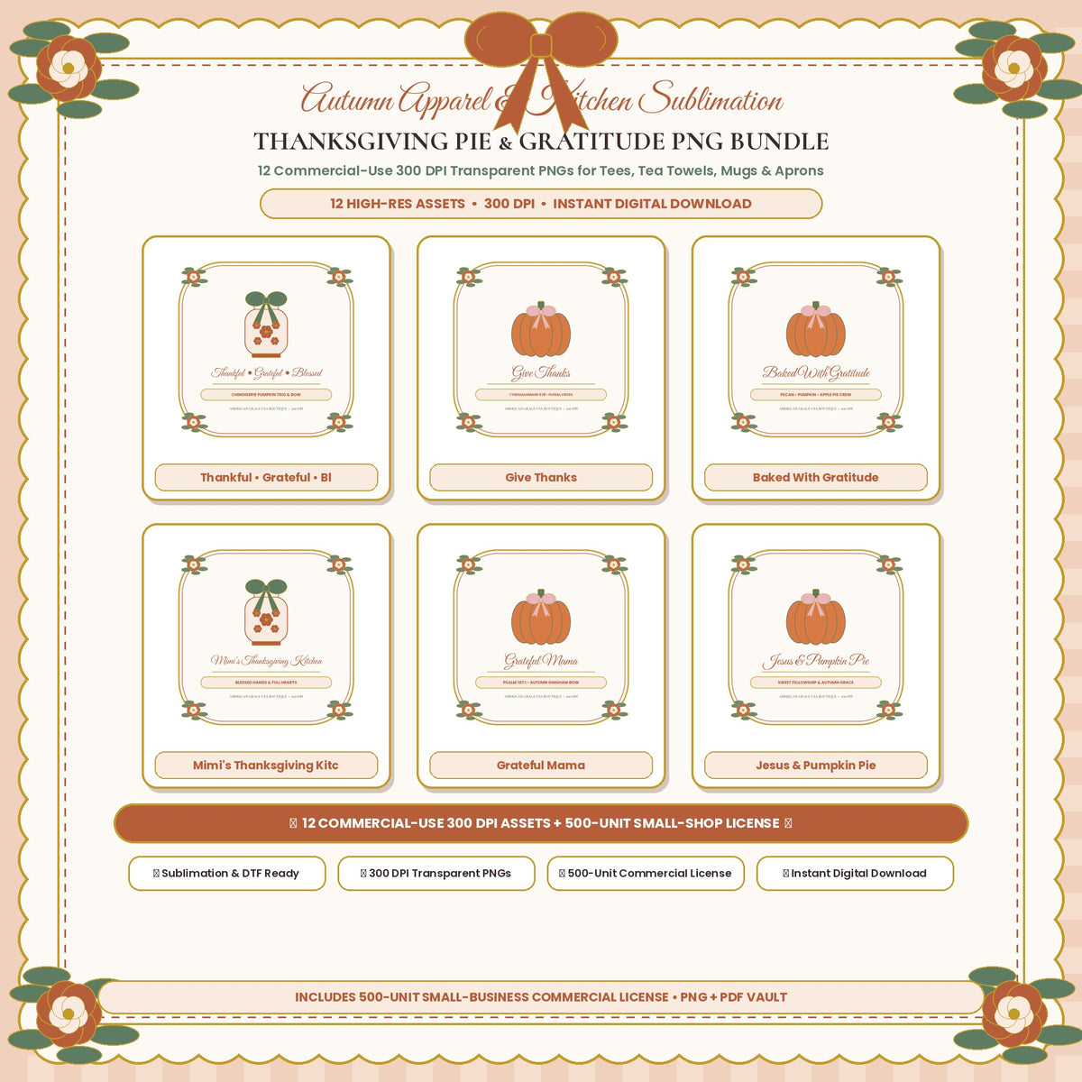 THANKSGIVING PIE & GRATITUDE PNG BUNDLE (AG-DIG-37) — Soft Feminine Boutique Hero Cover Card (300 DPI Instant Digital Download) | American Grace USA
