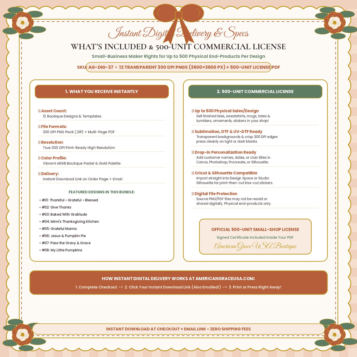 THANKSGIVING PIE & GRATITUDE PNG BUNDLE (AG-DIG-37) — What's Included & 500-Unit Commercial License / Printing Spec Guide | American Grace USA