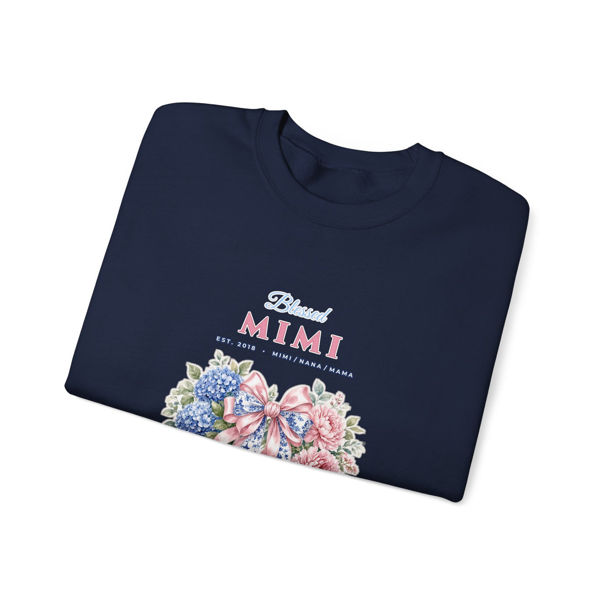 Personalized Blessed Mimi, Nana or Mama Chinoiserie Bow & Grandkids Names Sweatshirt | Custom Floral Coquette Grandma & Mom Crewneck