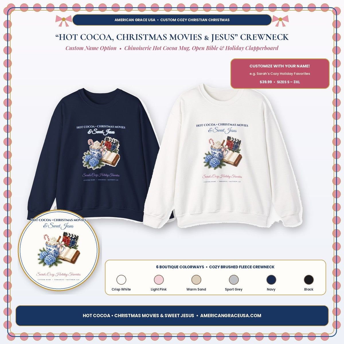 Personalized Hot Cocoa Christmas Movies & Jesus Custom Name Cozy Holiday Sweatshirt Hero Card