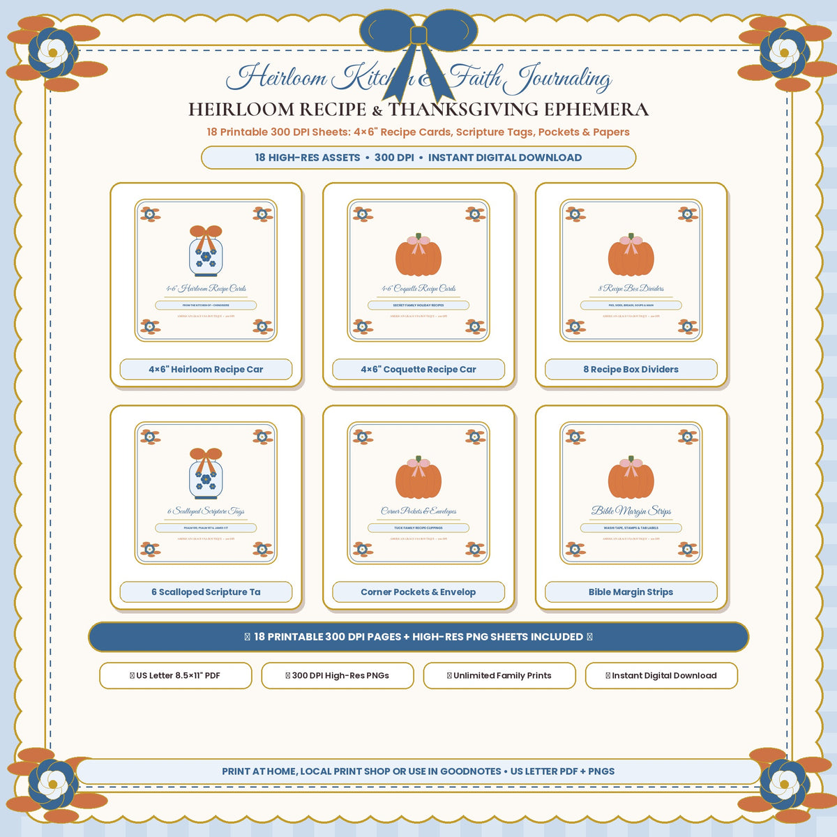 HEIRLOOM RECIPE & THANKSGIVING EPHEMERA (AG-DIG-38) — Soft Feminine Boutique Hero Cover Card (300 DPI Instant Digital Download) | American Grace USA