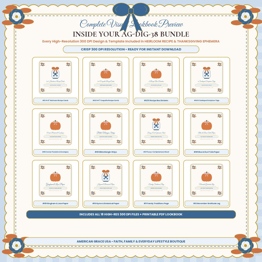 HEIRLOOM RECIPE & THANKSGIVING EPHEMERA (AG-DIG-38) — Complete 300 DPI Visual Preview Grid of All Included Designs | American Grace USA