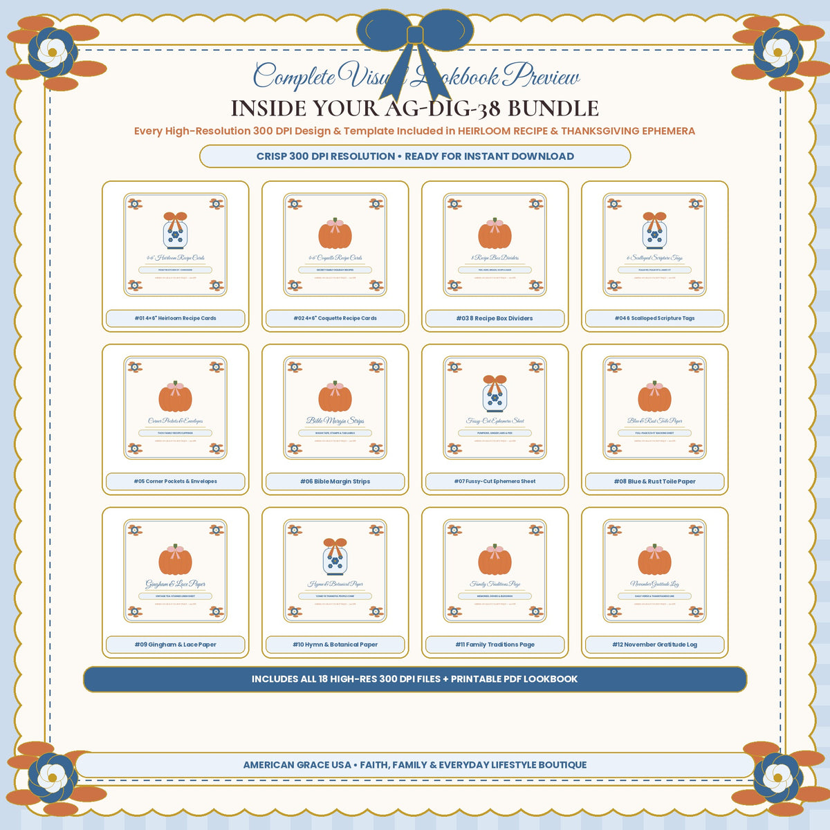 HEIRLOOM RECIPE & THANKSGIVING EPHEMERA (AG-DIG-38) — Complete 300 DPI Visual Preview Grid of All Included Designs | American Grace USA