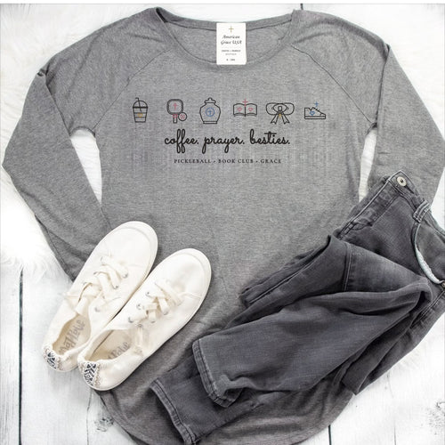 Coffee Prayer Besties Coquette Pickleball & Book Besties Curved-Hem Tunic White Shiplap Outfit Flat-Lay Hero | American Grace USA