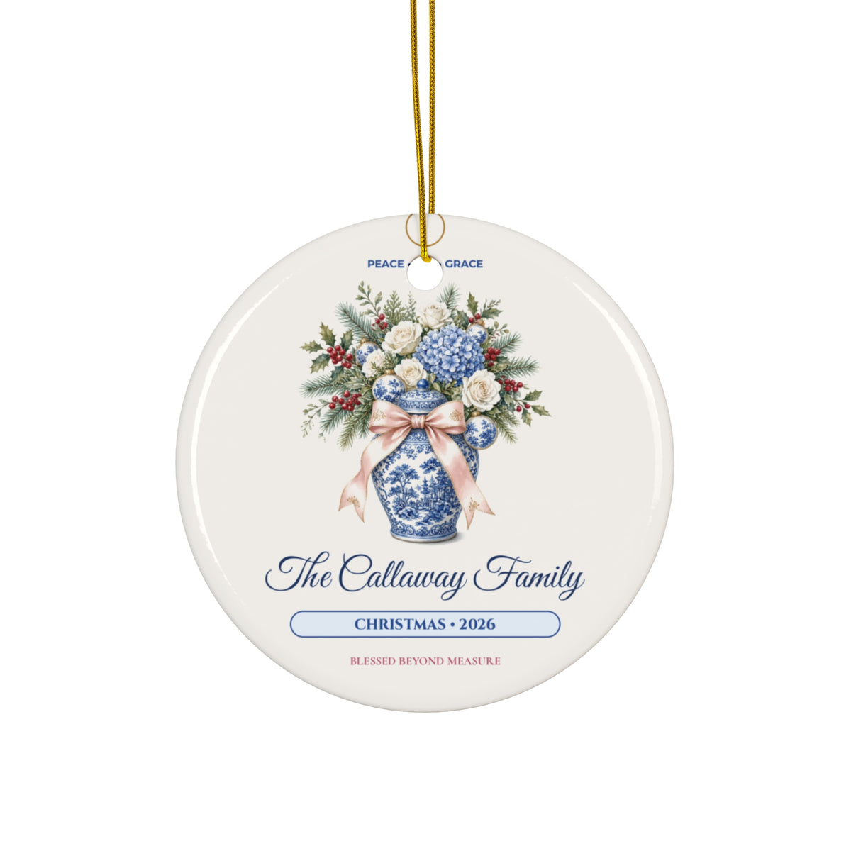 Personalized "The [Family Name] Family • Christmas 2026" Blue & White Chinoiserie Ginger Jar & Coquette Bow Ceramic Ornament