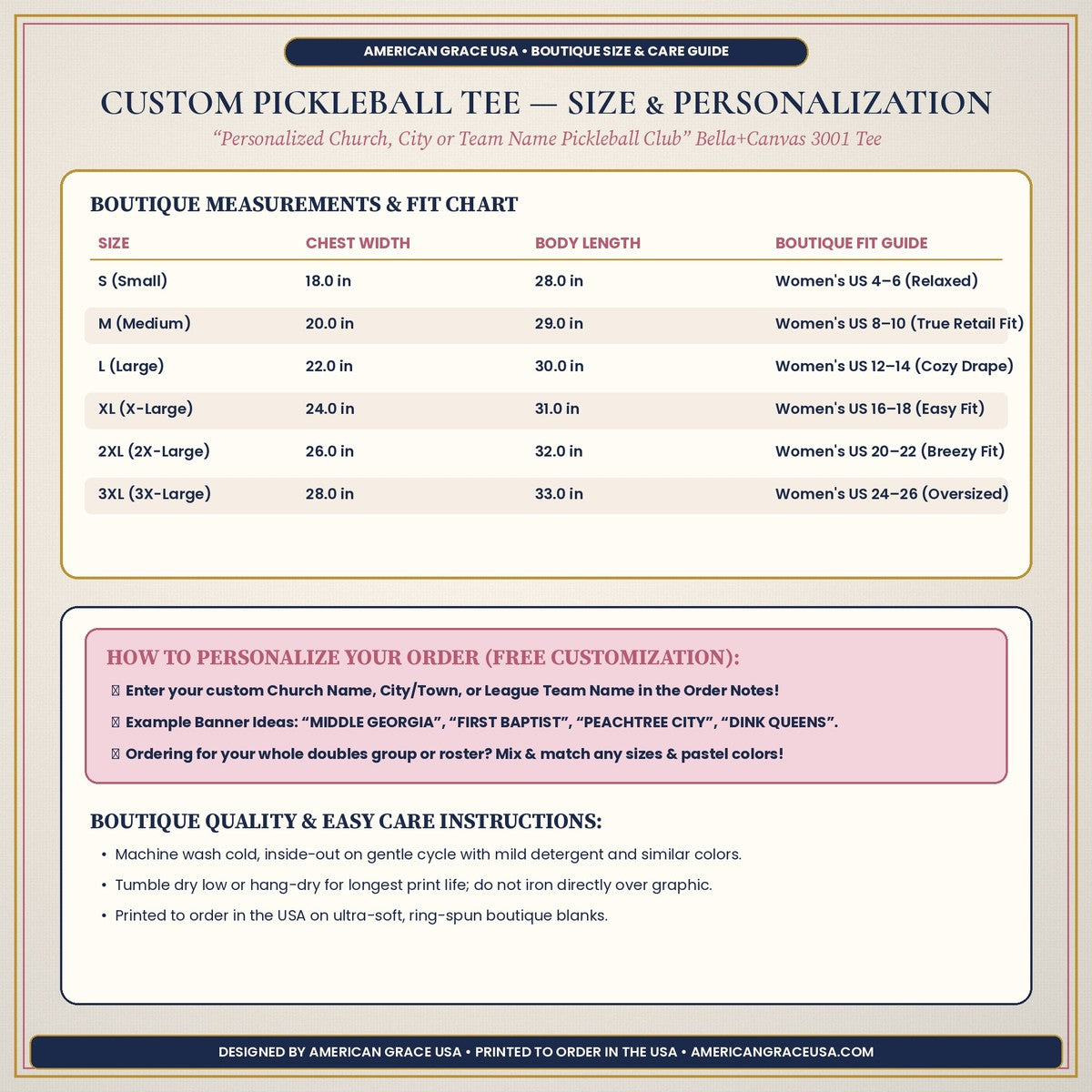 Custom Pickleball Tee Size & Personalization Guide — AmericanGraceUSA