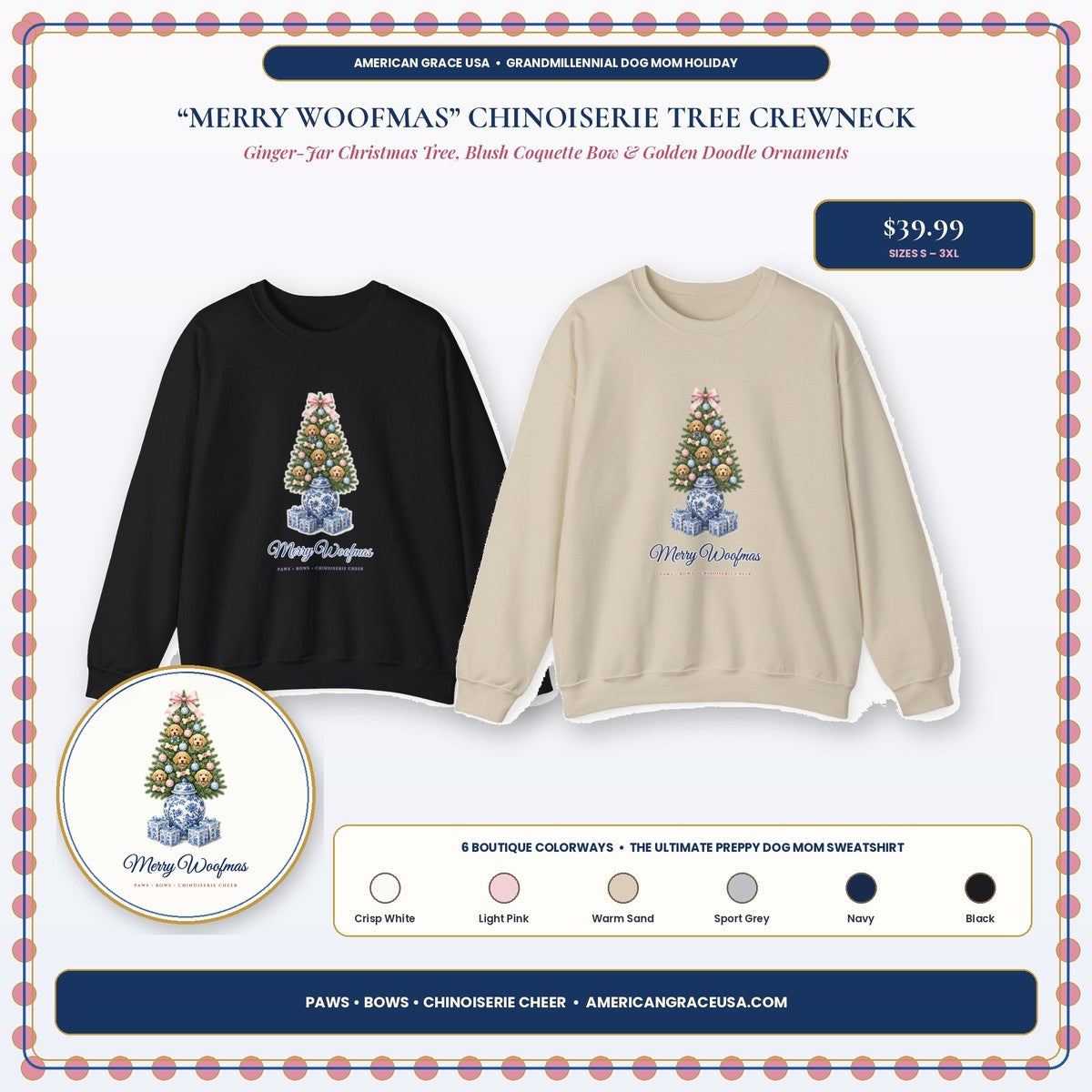 Merry Woofmas Chinoiserie Ginger-Jar Christmas Tree & Golden Doodle Ornaments Sweatshirt Boutique Hero Card — AmericanGraceUSA