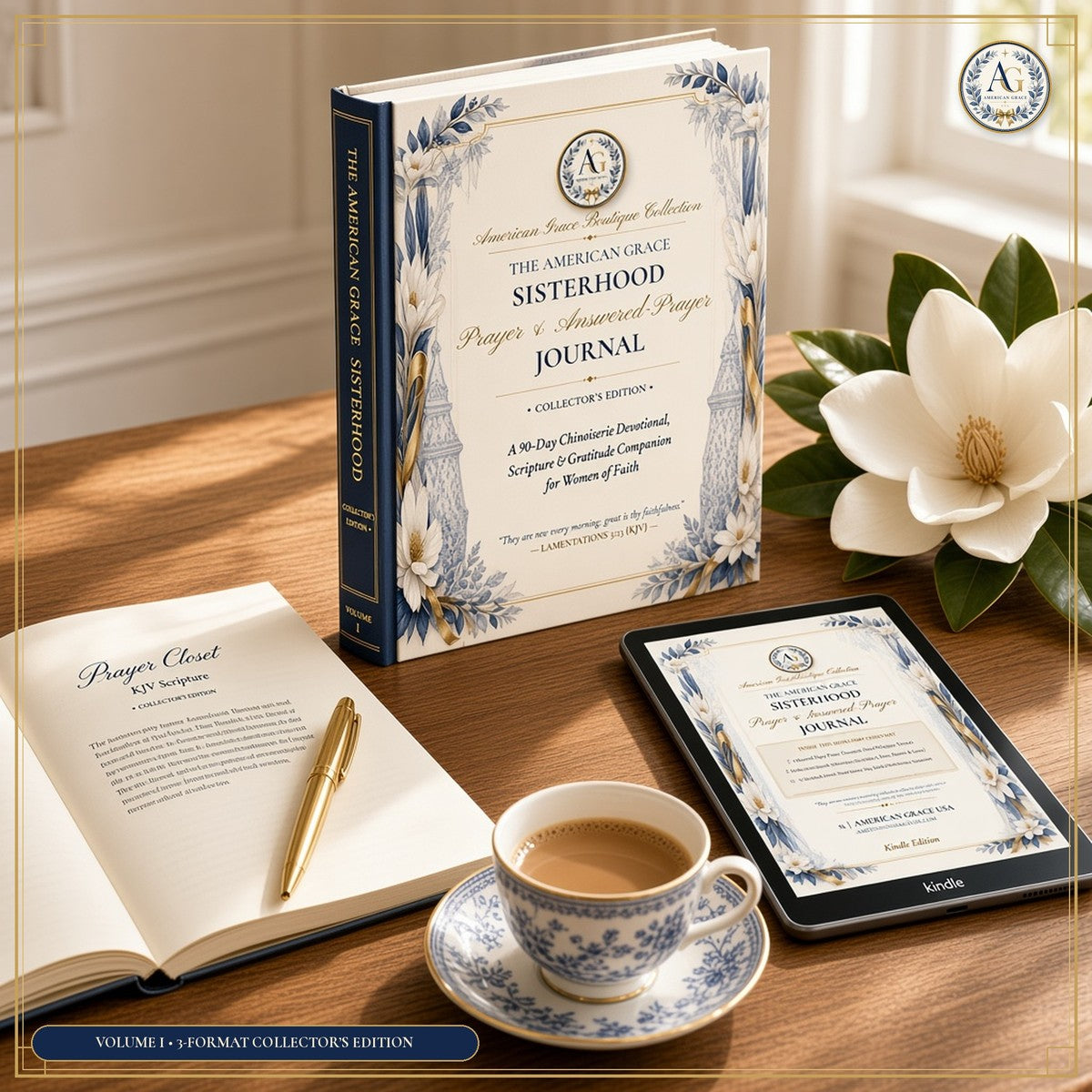 The American Grace Sisterhood Prayer & Answered-Prayer Journal (Collector's Edition Volume I) — 3-Format Warm White Oak Table Showcase