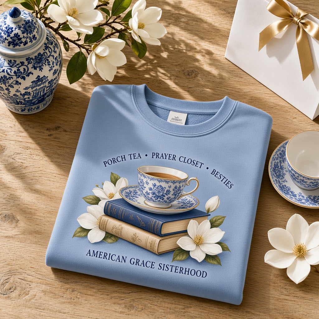 "Porch Tea, Prayer Closet & Besties" Scalloped Chinoiserie Teacup & Book Stack Heavyweight Crewneck Sweatshirt (Soft French Blue) — Sunlit White Oak Table Close-Up