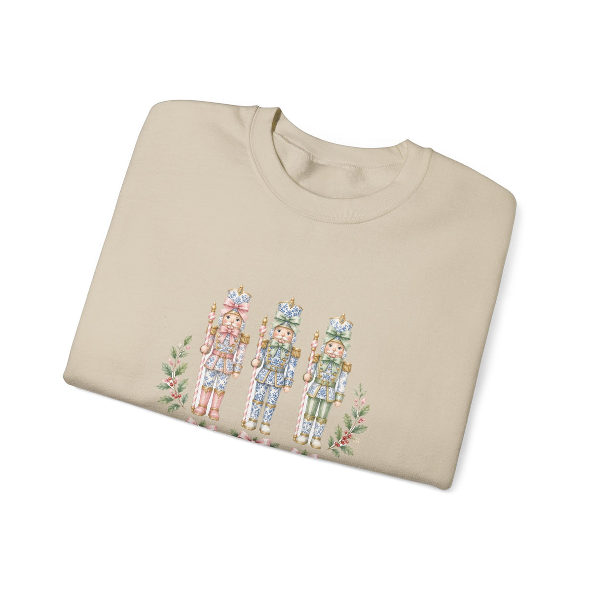 Pastel Chinoiserie Nutcracker & Pink Coquette Bow Holiday Sweatshirt | Grandmillennial "Merry & Bright" Christmas Crewneck