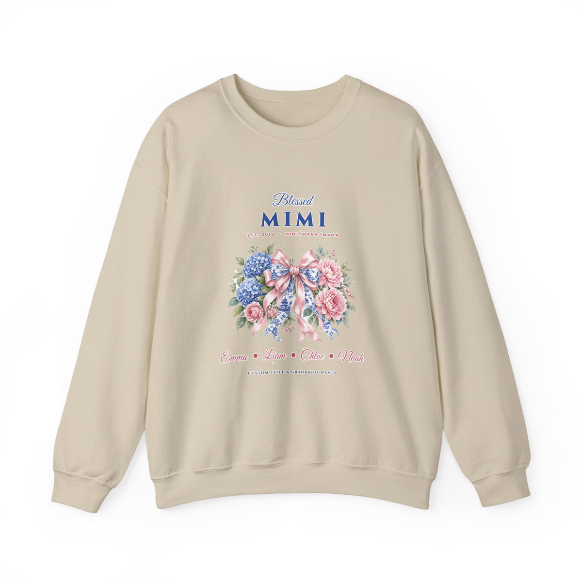 Personalized Blessed Mimi, Nana or Mama Chinoiserie Bow & Grandkids Names Sweatshirt | Custom Floral Coquette Grandma & Mom Crewneck