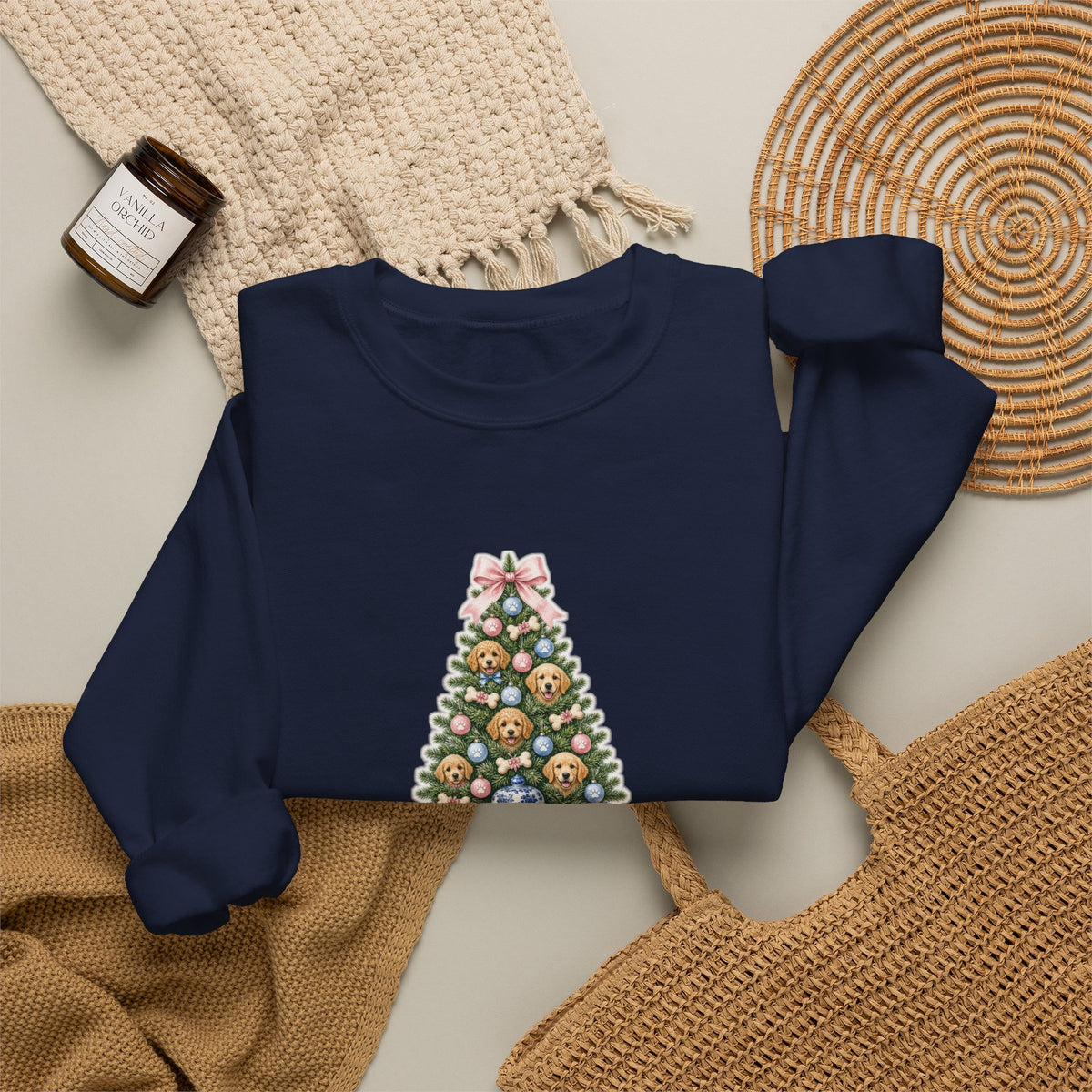Merry Woofmas Chinoiserie Ginger-Jar Christmas Tree & Golden Doodle Ornaments Sweatshirt | Coquette Bow Dog Mom Holiday Crewneck