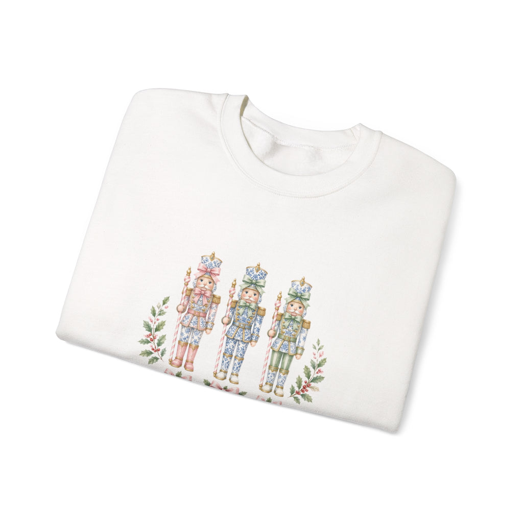 Pastel Chinoiserie Nutcracker & Pink Coquette Bow Holiday Sweatshirt | Grandmillennial "Merry & Bright" Christmas Crewneck