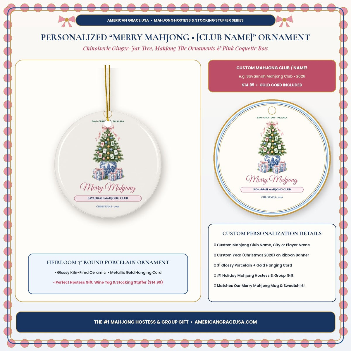 Personalized Merry Mahjong 2026 Chinoiserie Ginger-Jar Tree Hostess Gift Ceramic Ornament Boutique Hero Card - AmericanGraceUSA