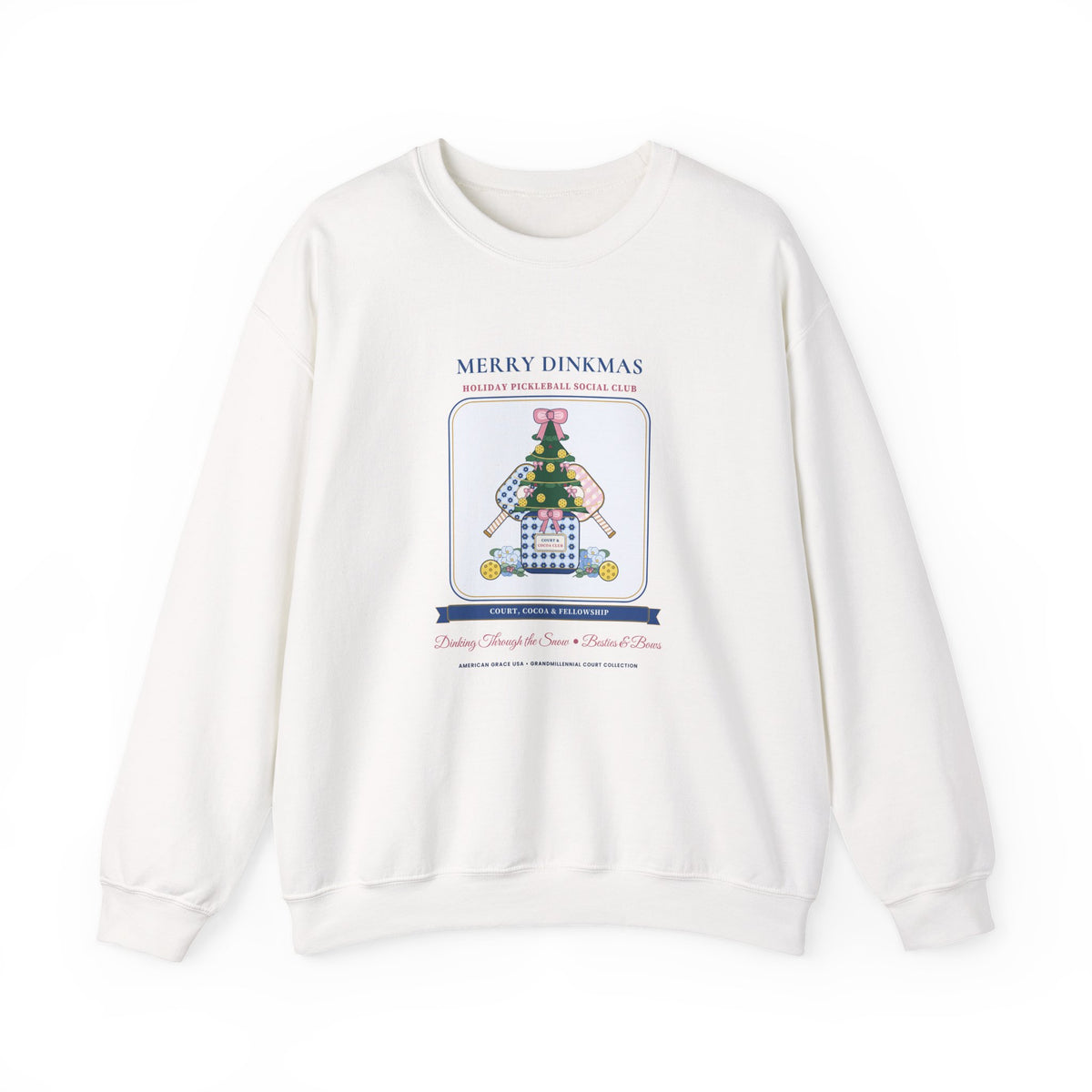 "Merry Dinkmas • Court & Cocoa Club" Chinoiserie Ginger-Jar Christmas Tree & Pickleball Paddles Holiday Sweatshirt | Coquette Crewneck