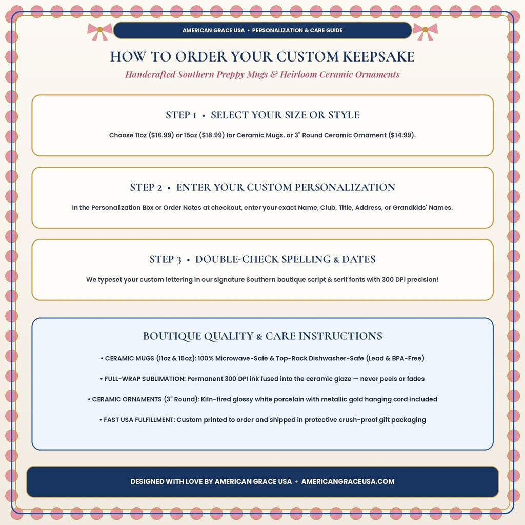 AmericanGraceUSA Boutique Ceramic Mug Care Instructions & Ordering Guide