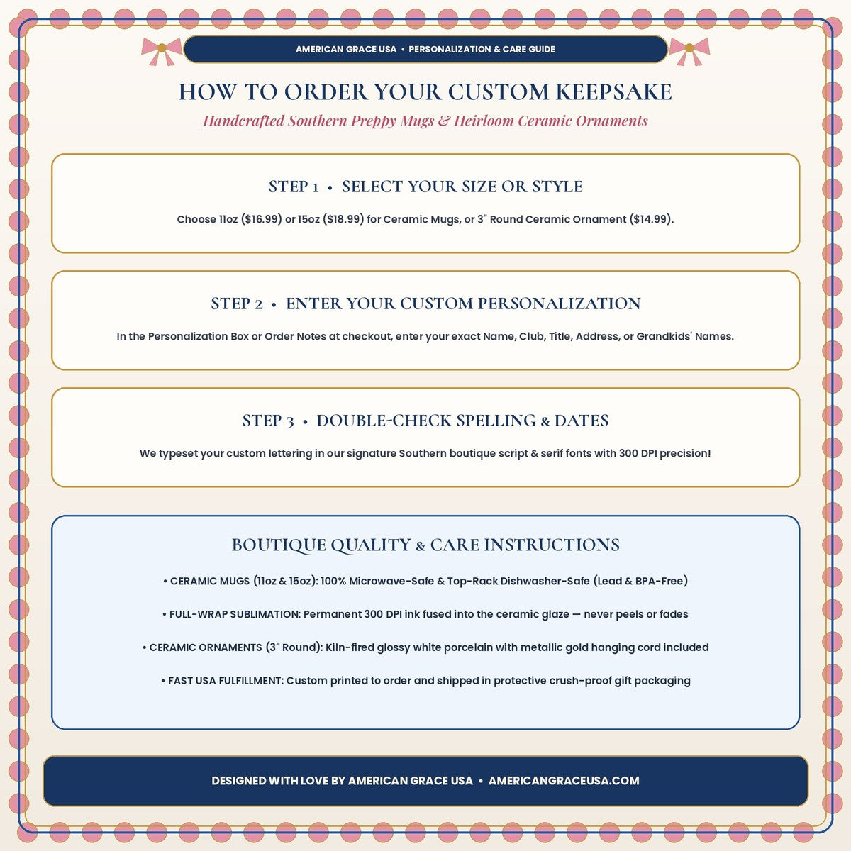 AmericanGraceUSA Boutique Ceramic Mug Care Instructions & Ordering Guide