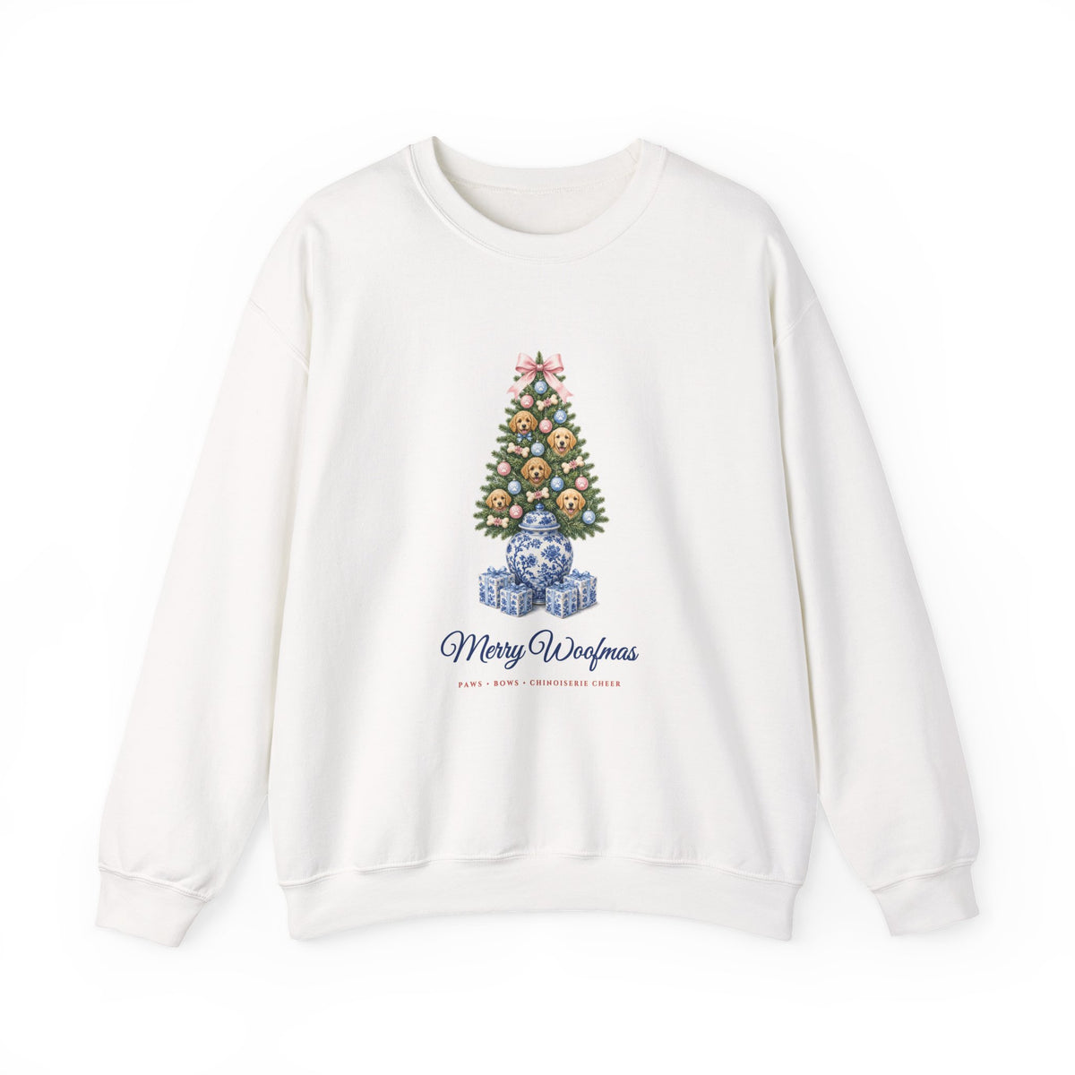 Merry Woofmas Chinoiserie Ginger-Jar Christmas Tree & Golden Doodle Ornaments Sweatshirt | Coquette Bow Dog Mom Holiday Crewneck