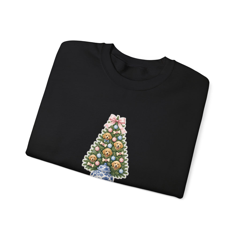 Merry Woofmas Chinoiserie Ginger-Jar Christmas Tree & Golden Doodle Ornaments Sweatshirt | Coquette Bow Dog Mom Holiday Crewneck