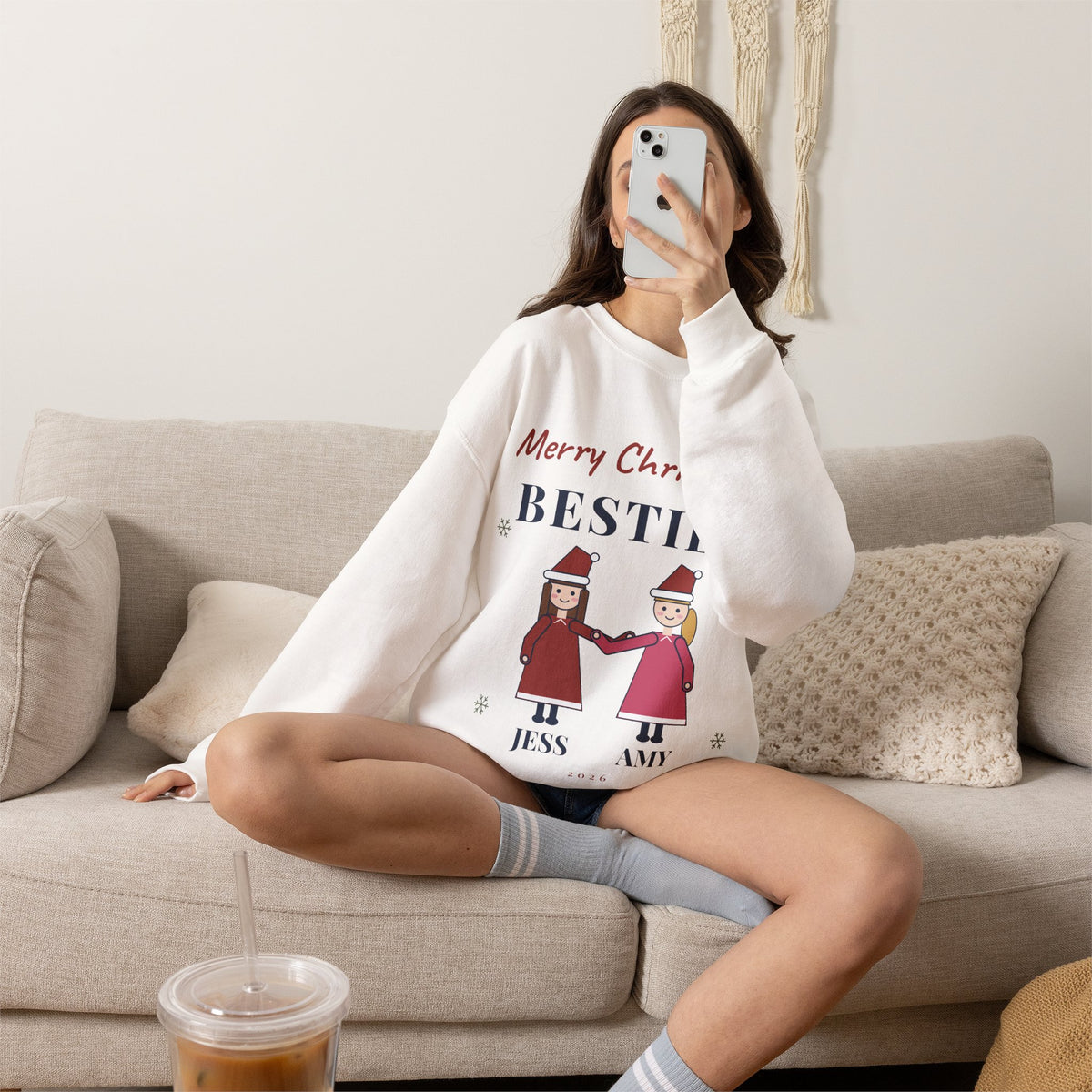 Best Friend Christmas Sweatshirt Personalized, Merry Christmas Besties with 2 Names, Matching BFF Christmas Crewneck