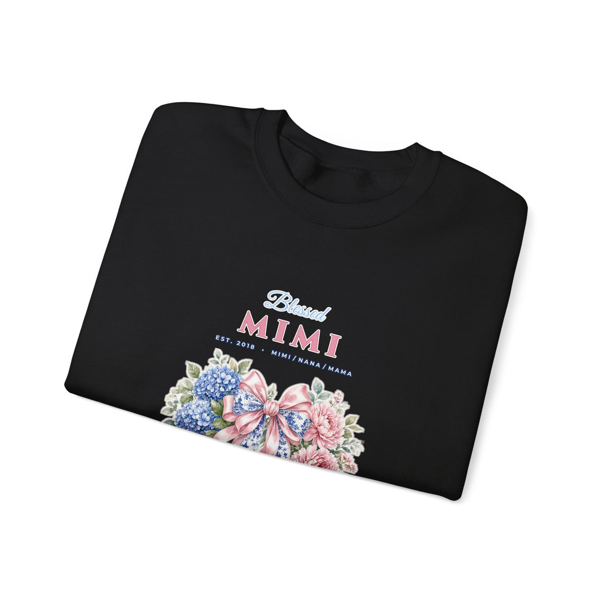 Personalized Blessed Mimi, Nana or Mama Chinoiserie Bow & Grandkids Names Sweatshirt | Custom Floral Coquette Grandma & Mom Crewneck
