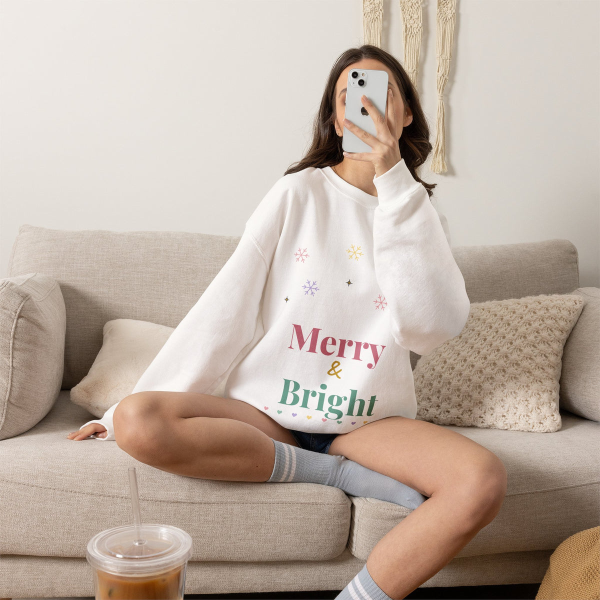 Merry and Bright Christmas Sweatshirt, Pastel Retro Holiday Crewneck for Women, Cute Christmas Sweater Gift