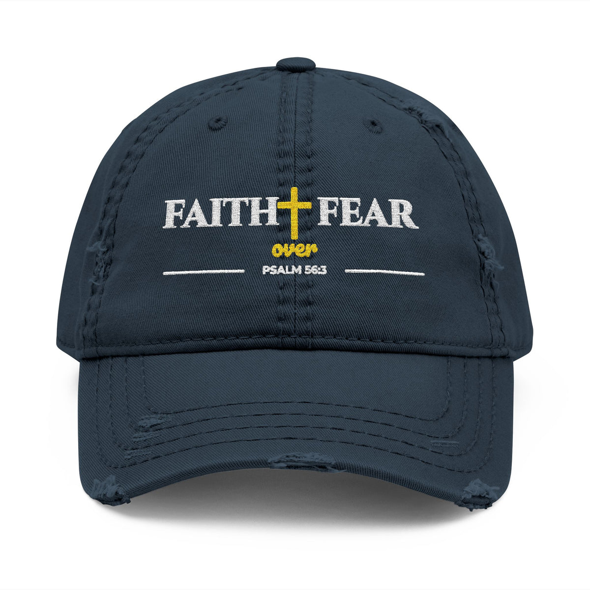 Faith Over Fear Cross Embroidered Distressed Dad Hat | Christian Women's Baseball Cap