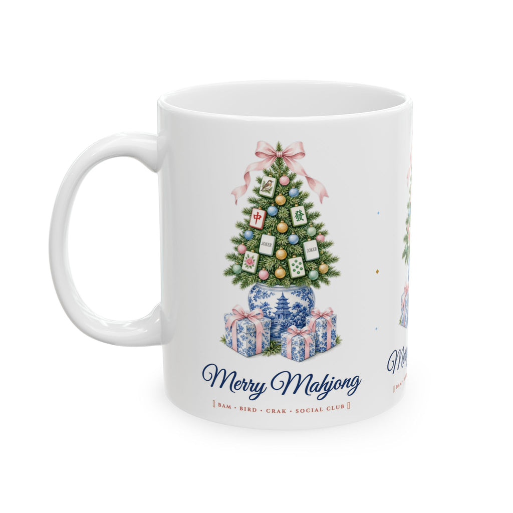 "Merry Mahjong" Chinoiserie Ginger-Jar Christmas Tree & Coquette Bow Ceramic Mug (11oz / 15oz) | Southern Preppy Mahjong Hostess Gift
