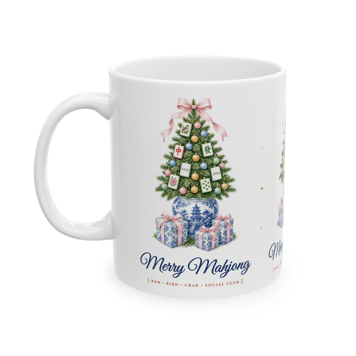 "Merry Mahjong" Chinoiserie Ginger-Jar Christmas Tree & Coquette Bow Ceramic Mug (11oz / 15oz) | Southern Preppy Mahjong Hostess Gift