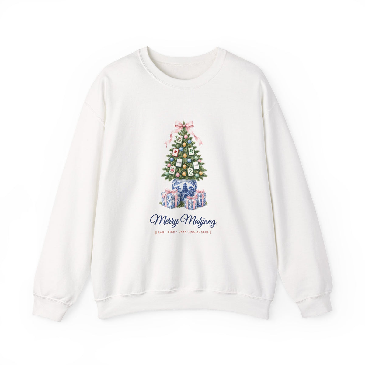 Merry Mahjong Chinoiserie Ginger-Jar Christmas Tree Sweatshirt | Coquette Bow & Pastel Mahjong Tile Holiday Crewneck