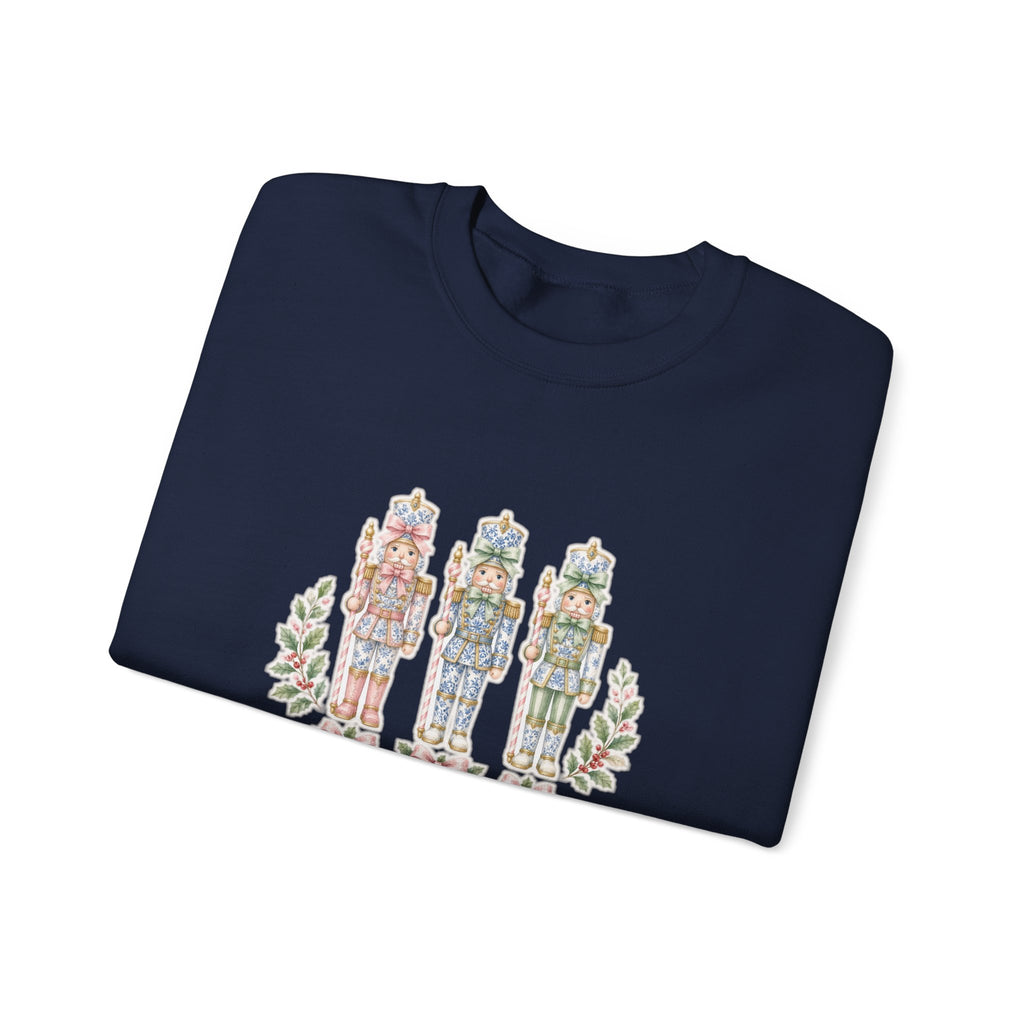 Pastel Chinoiserie Nutcracker & Pink Coquette Bow Holiday Sweatshirt | Grandmillennial "Merry & Bright" Christmas Crewneck