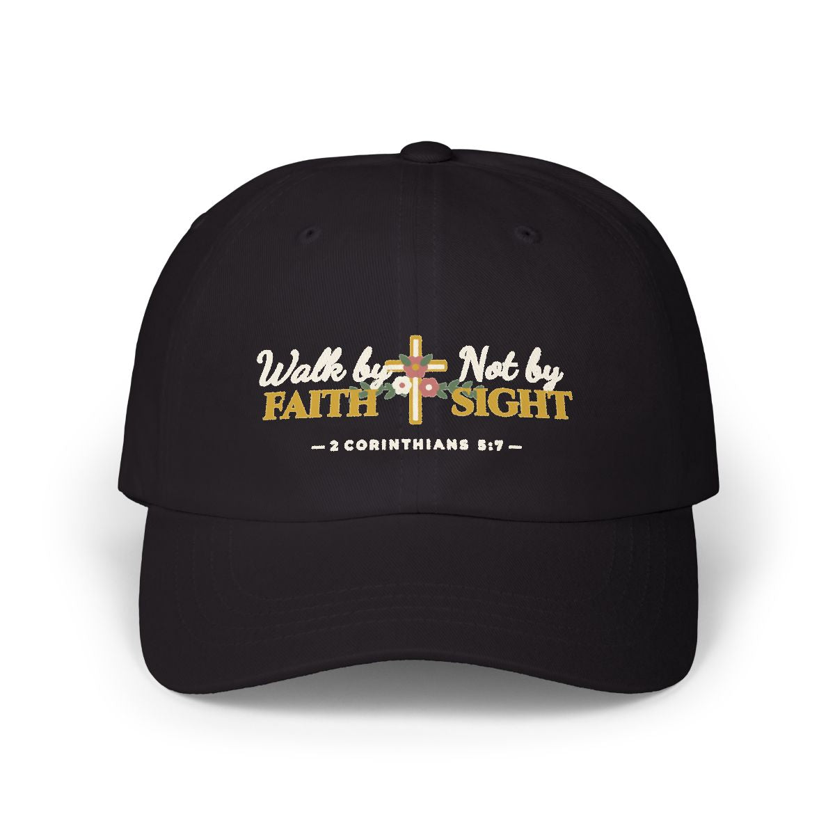 Walk By Faith Floral Cross Classic Dad Cap — Black Front View