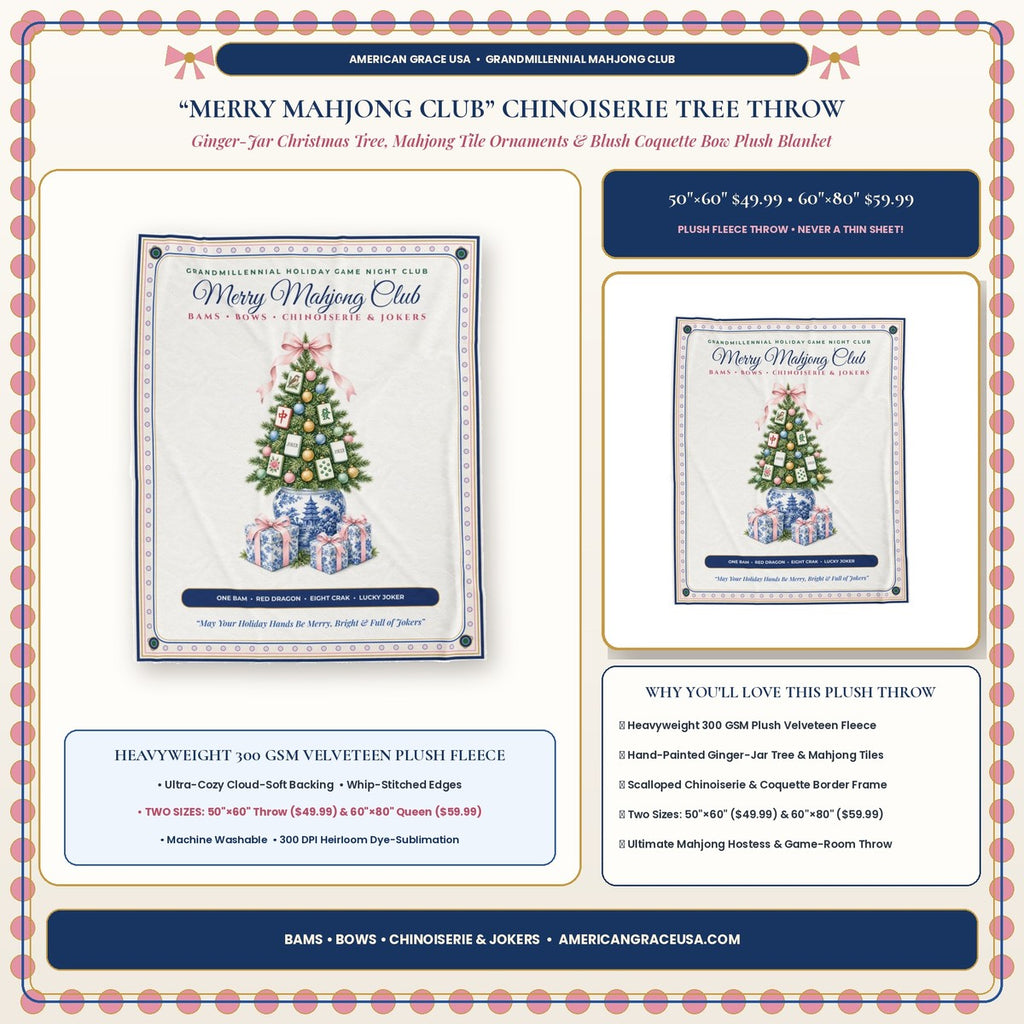 Merry Mahjong Club Chinoiserie Ginger-Jar Christmas Tree & Tiles Plush Throw Blanket Hero Card