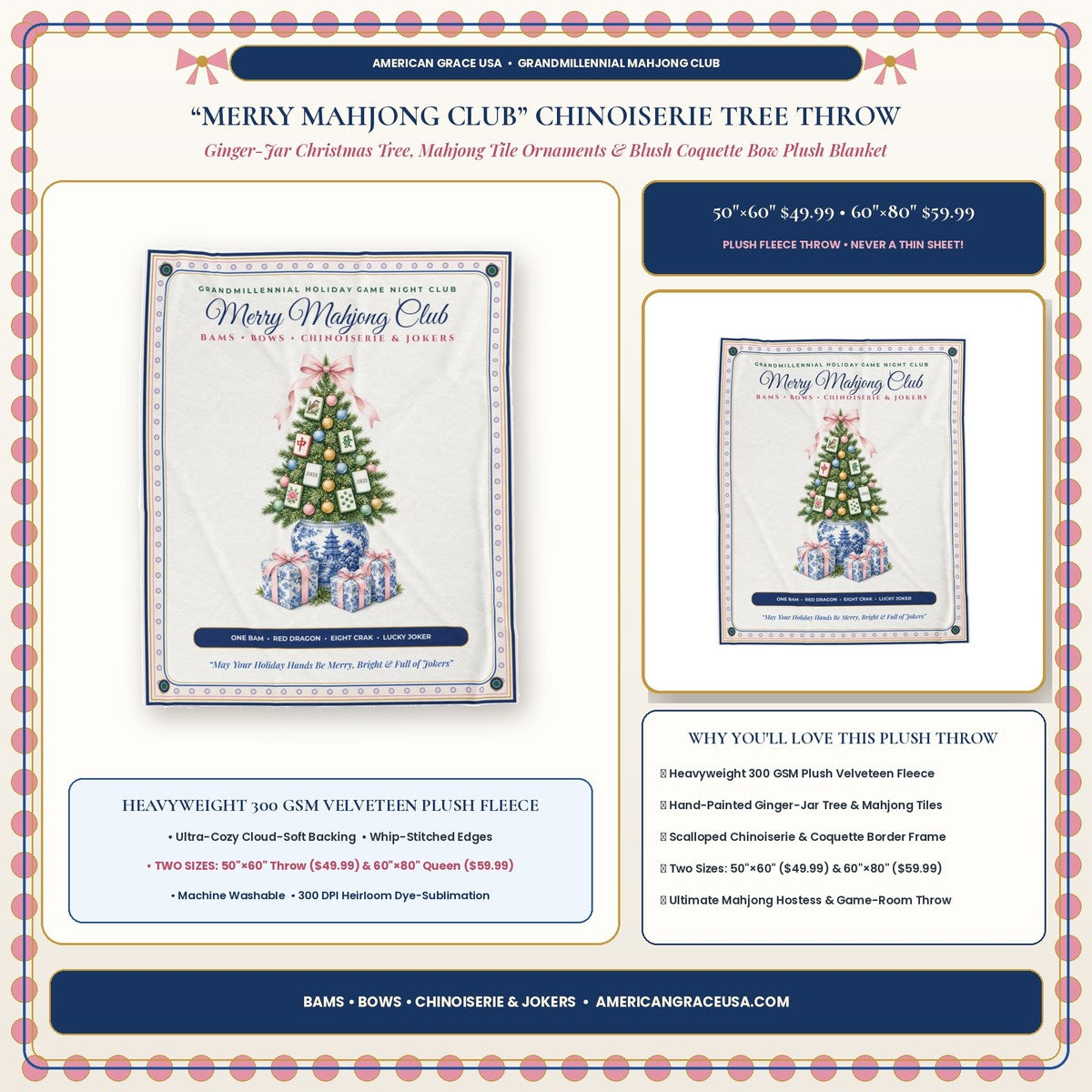 Merry Mahjong Club Chinoiserie Ginger-Jar Christmas Tree & Tiles Plush Throw Blanket Hero Card