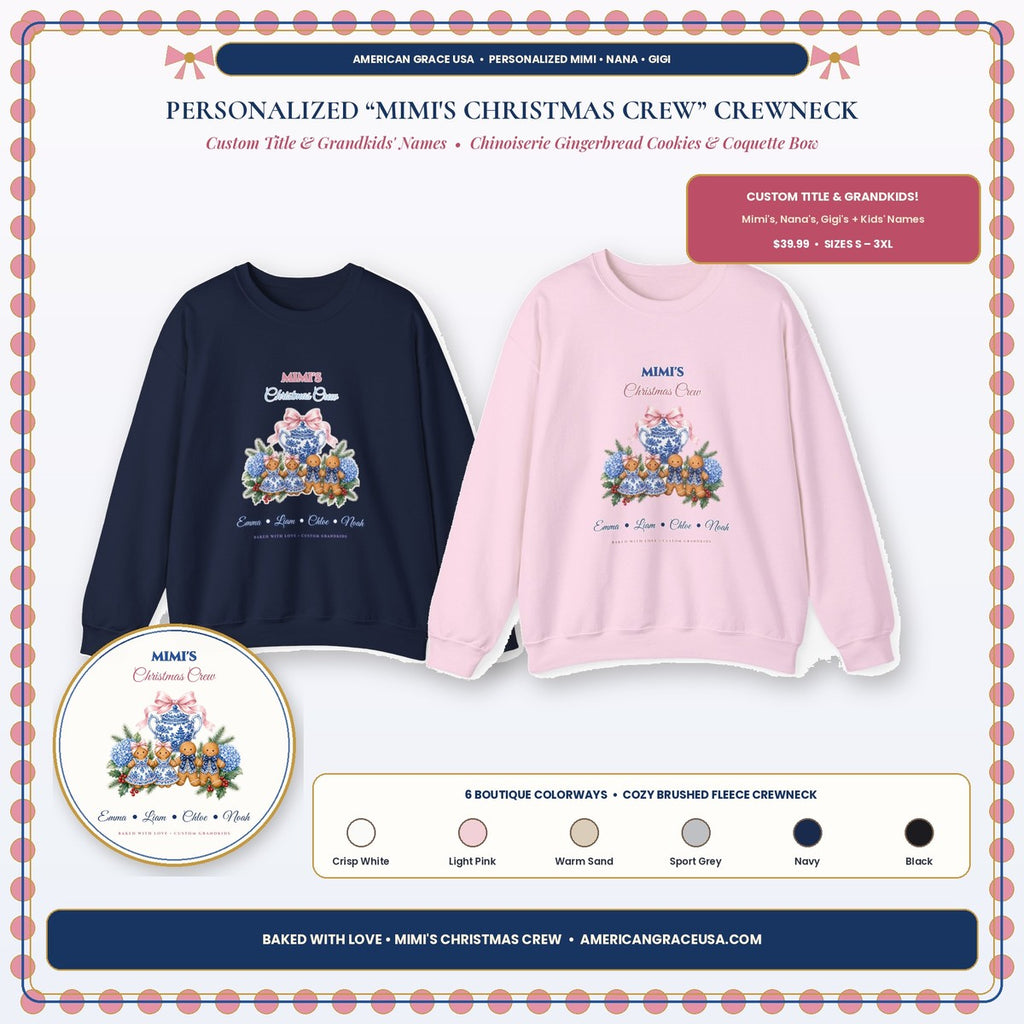 Personalized Mimi's Christmas Crew Custom Grandkids Gingerbread & Coquette Bow Sweatshirt Hero Card