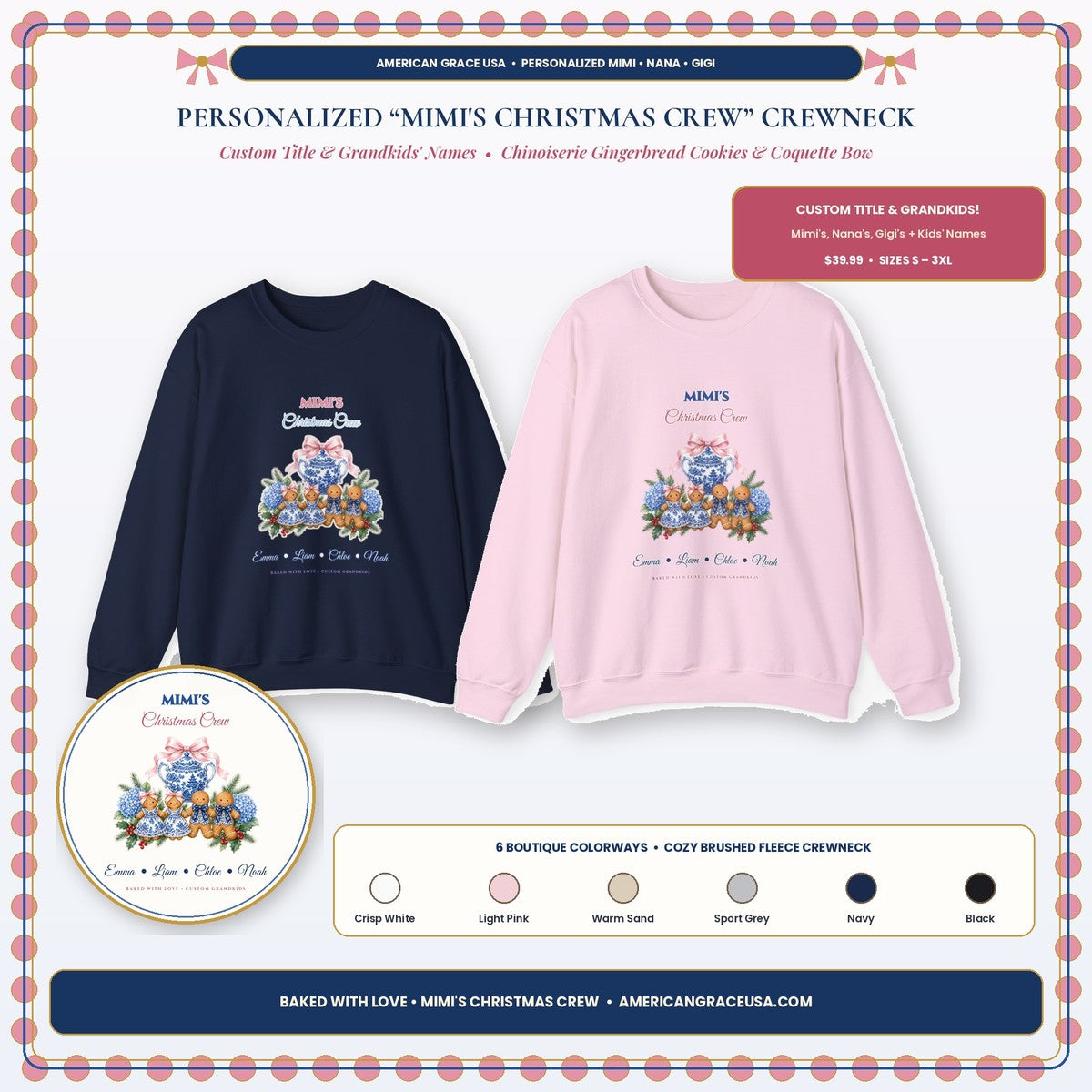 Personalized Mimi's Christmas Crew Custom Grandkids Gingerbread & Coquette Bow Sweatshirt Hero Card