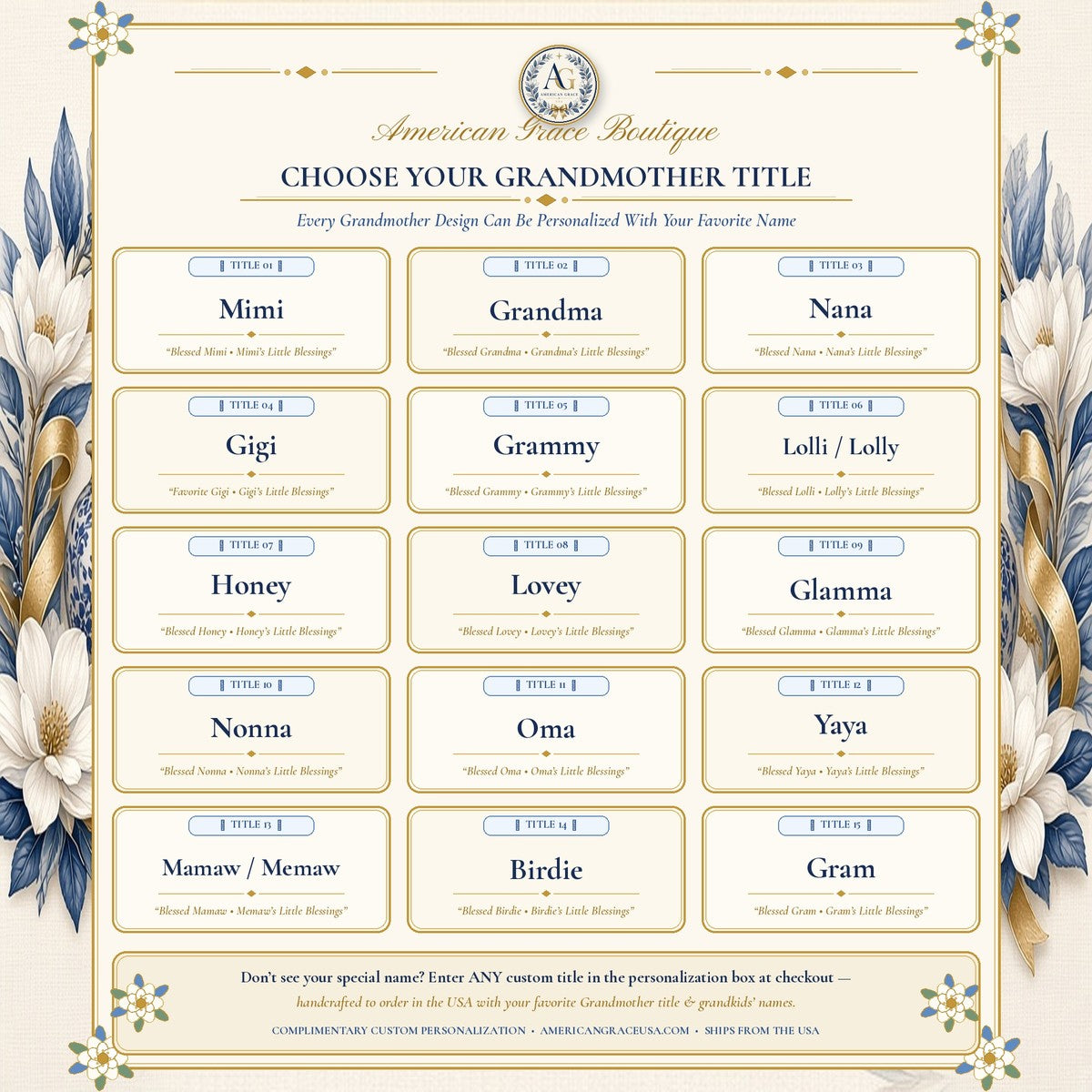 Choose Your Grandmother Title: Mimi, Grandma, Nana, Gigi, Grammy, Lolli, Honey, Lovey, Glamma, Nonna, Oma, Yaya, Mamaw, Birdie, Gram — Custom Personalization Available