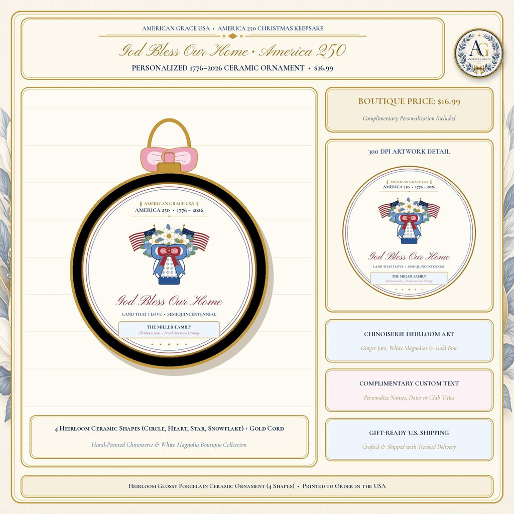 Personalized "God Bless Our Home • America 250 (1776–2026)" Chinoiserie Ginger-Jar & Flag Ceramic Christmas Ornament - Boutique Gallery Card 1