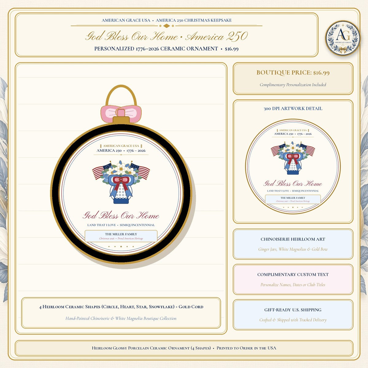 Personalized "God Bless Our Home • America 250 (1776–2026)" Chinoiserie Ginger-Jar & Flag Ceramic Christmas Ornament - Boutique Gallery Card 1