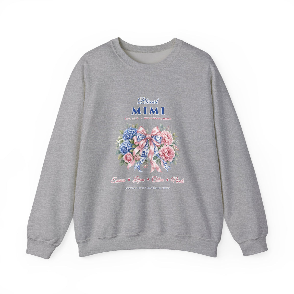 Personalized Blessed Mimi, Nana or Mama Chinoiserie Bow & Grandkids Names Sweatshirt | Custom Floral Coquette Grandma & Mom Crewneck