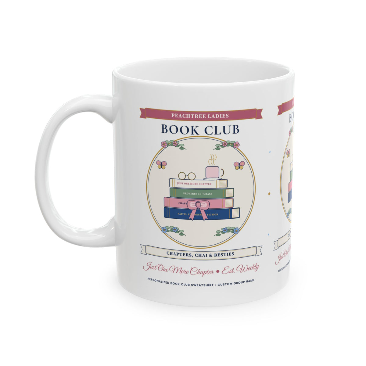 Personalized Custom Book Club Name "Chapters, Chai & Besties" Chinoiserie Teacup & Book Stack Ceramic Mug (11oz / 15oz)
