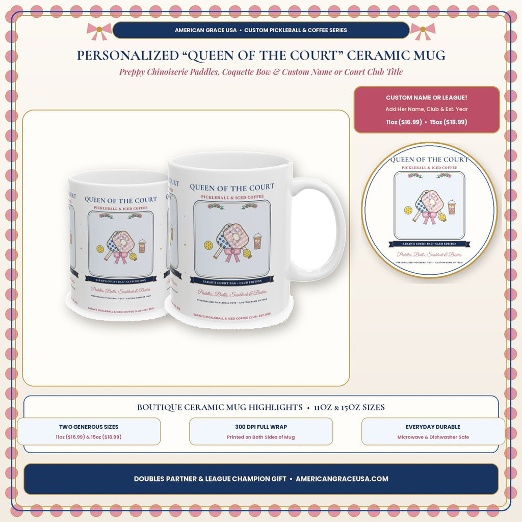 Personalized Queen of the Court Preppy Chinoiserie Pickleball Ceramic Mug Boutique Hero Card - AmericanGraceUSA