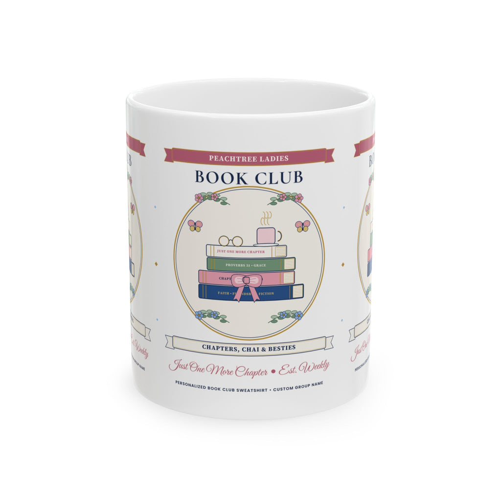 Personalized Custom Book Club Name "Chapters, Chai & Besties" Chinoiserie Teacup & Book Stack Ceramic Mug (11oz / 15oz)
