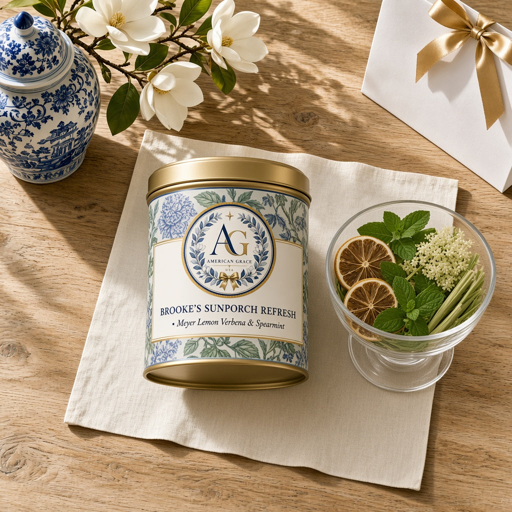 Brooke's Sunporch & Trail Refresh Blend — USDA Organic Meyer Lemon Verbena, Spearmint & Elderflower Tea (American Grace USA) — Sunlit White Oak Table Close-Up
