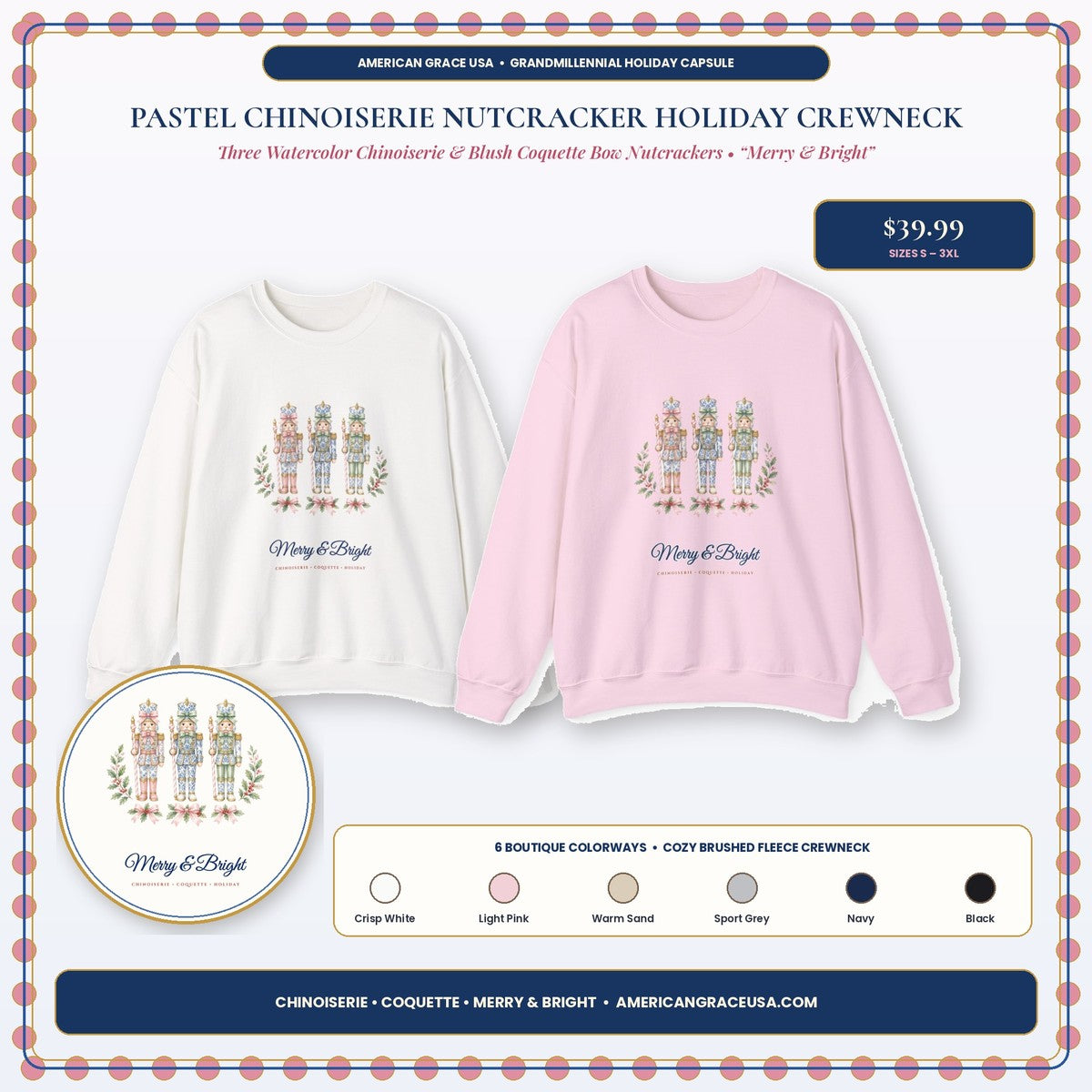 Pastel Chinoiserie Nutcracker & Pink Coquette Bow Merry & Bright Holiday Sweatshirt Boutique Hero Card — AmericanGraceUSA